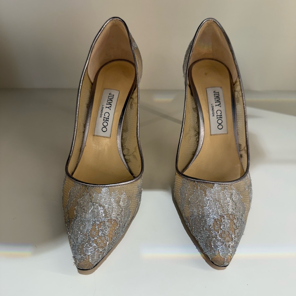 Jimmy Choo Romy 85 - Silver Metallic Lace Pump size 37 1/2